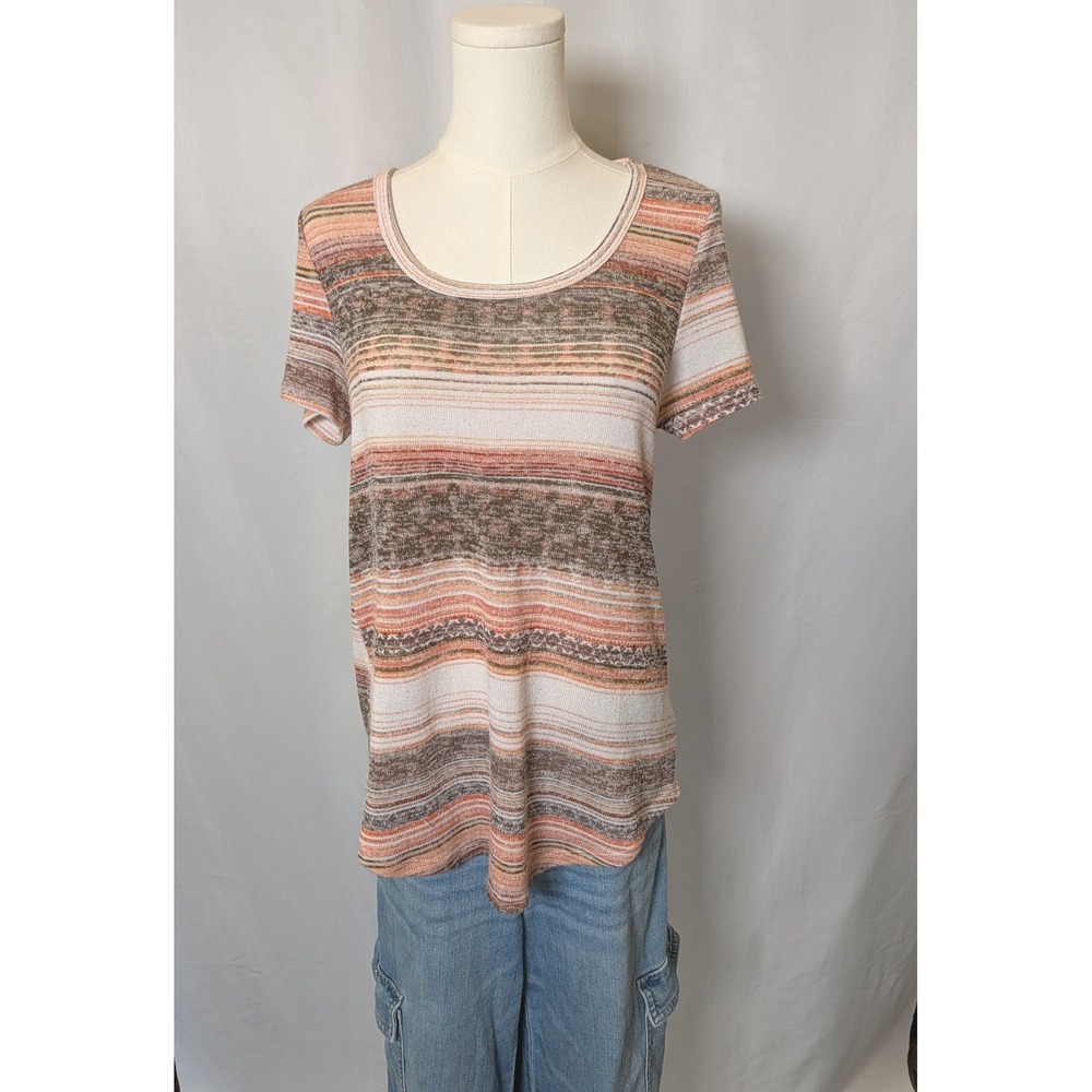 Absolutely Famous Womens Orange Brown Striped Knit Scoop Neck Top Medium